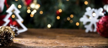Christmas Table Blurred Lights Background, Wood Desk In Focus, X