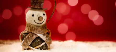 Snowman On Snow. Christmas Decoration With Red Background