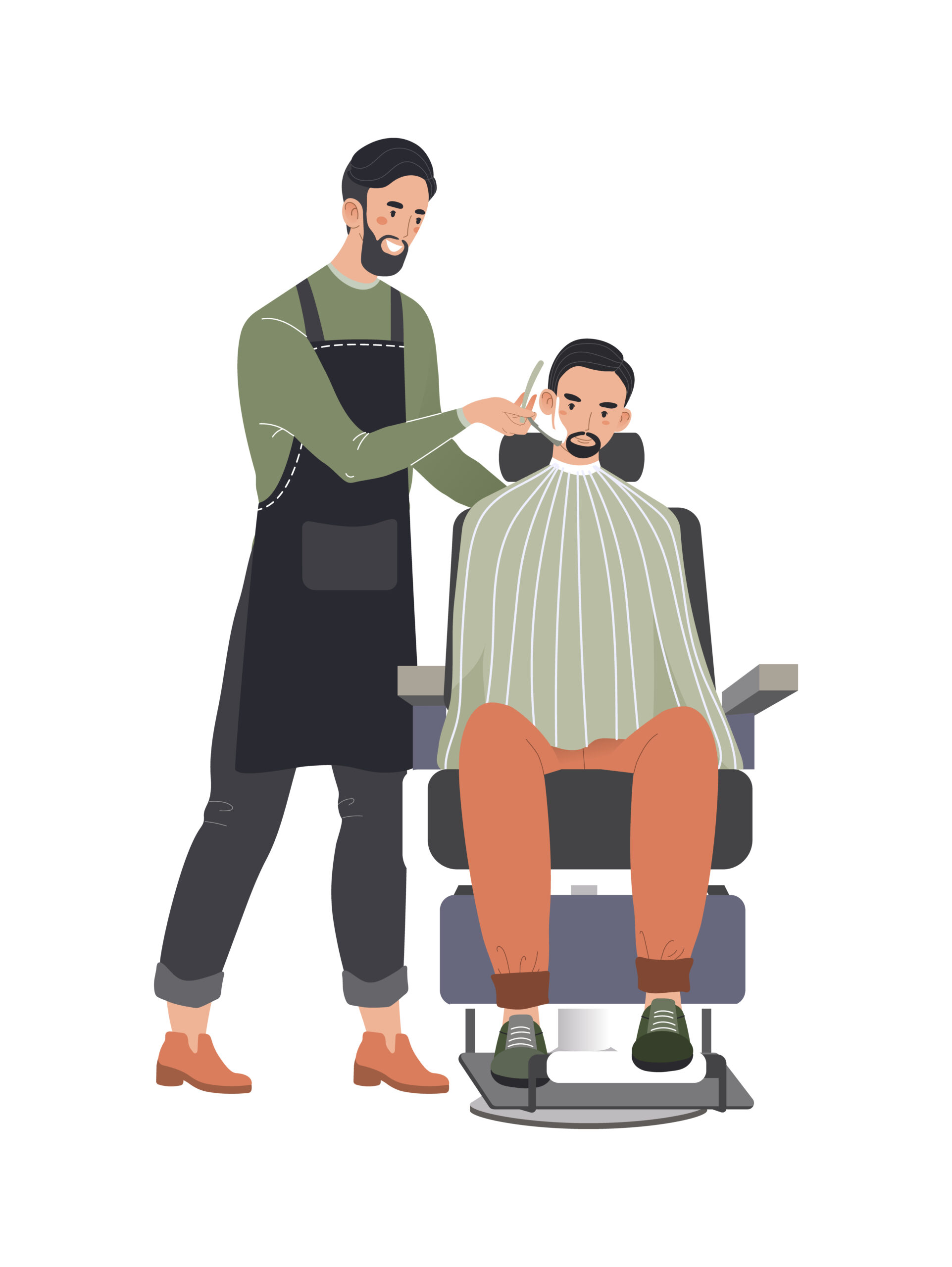 Male Hairdresser Professional Fashionable Beard, Man Character Client Waiting Shaves Isolated On White, Flat Vector Illustration.