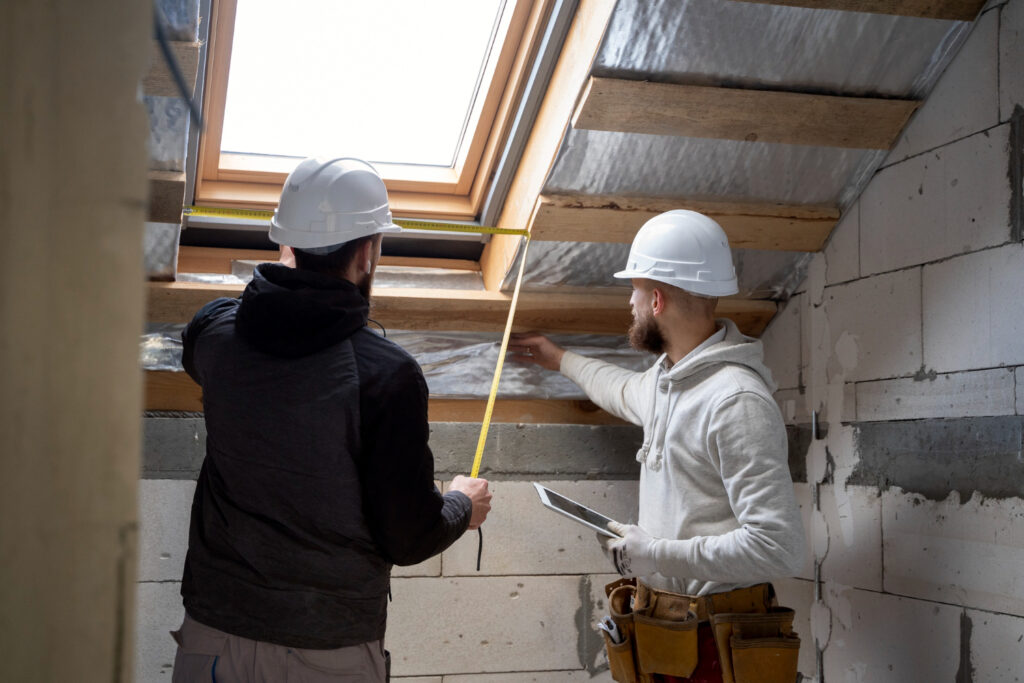 Coup Moyen Personnes Travaillant Casques